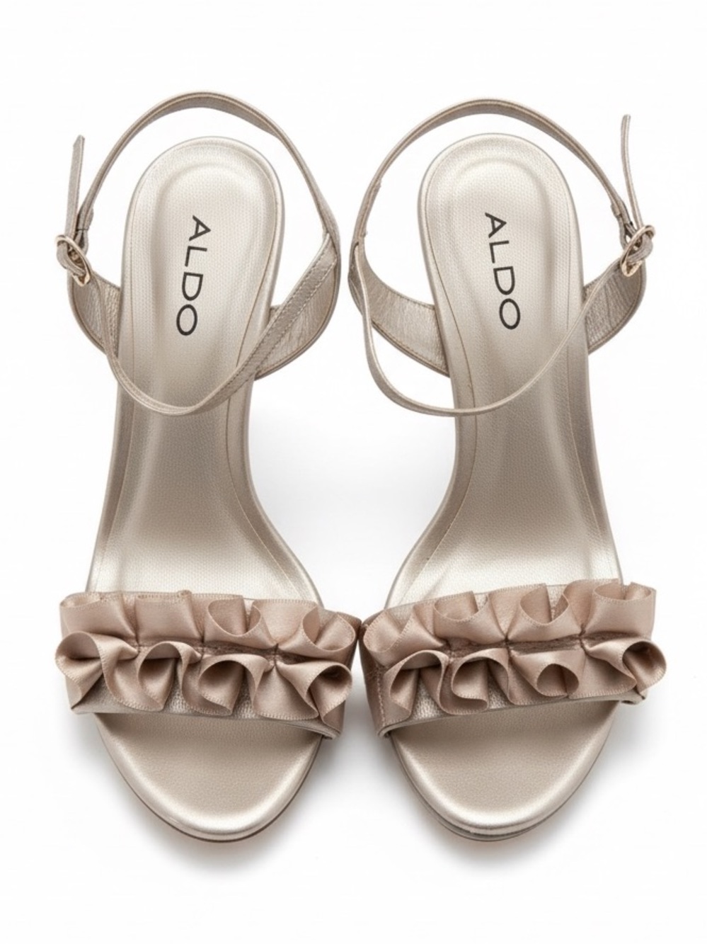 ALDO Ruffle Strap Stiletto Heels Champagne Satin Prom Shoes Ankle Strap Size 9